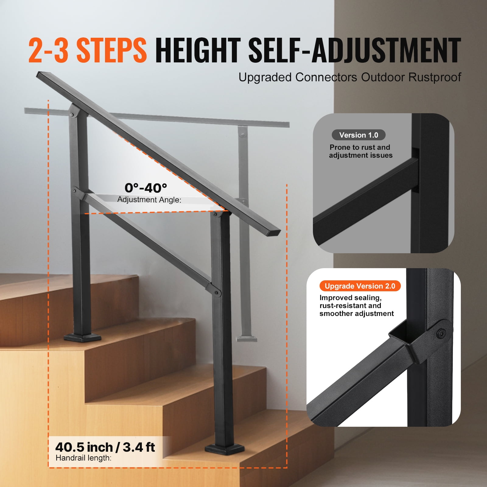 VEVOR Outdoor Handrails for Steps, 2-3 Step Stair Rail Kit, Black Square Tube with Horizontal Bar, Carbon Steel Support Rails for Seniors
