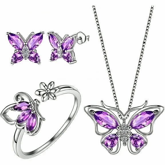 DESIGNICE Necklaces & Pendants Butterfly Jewelry Women Butterflies Birthstone Pendant Necklace/Earrings/Rings Wedding Gift (Purple)