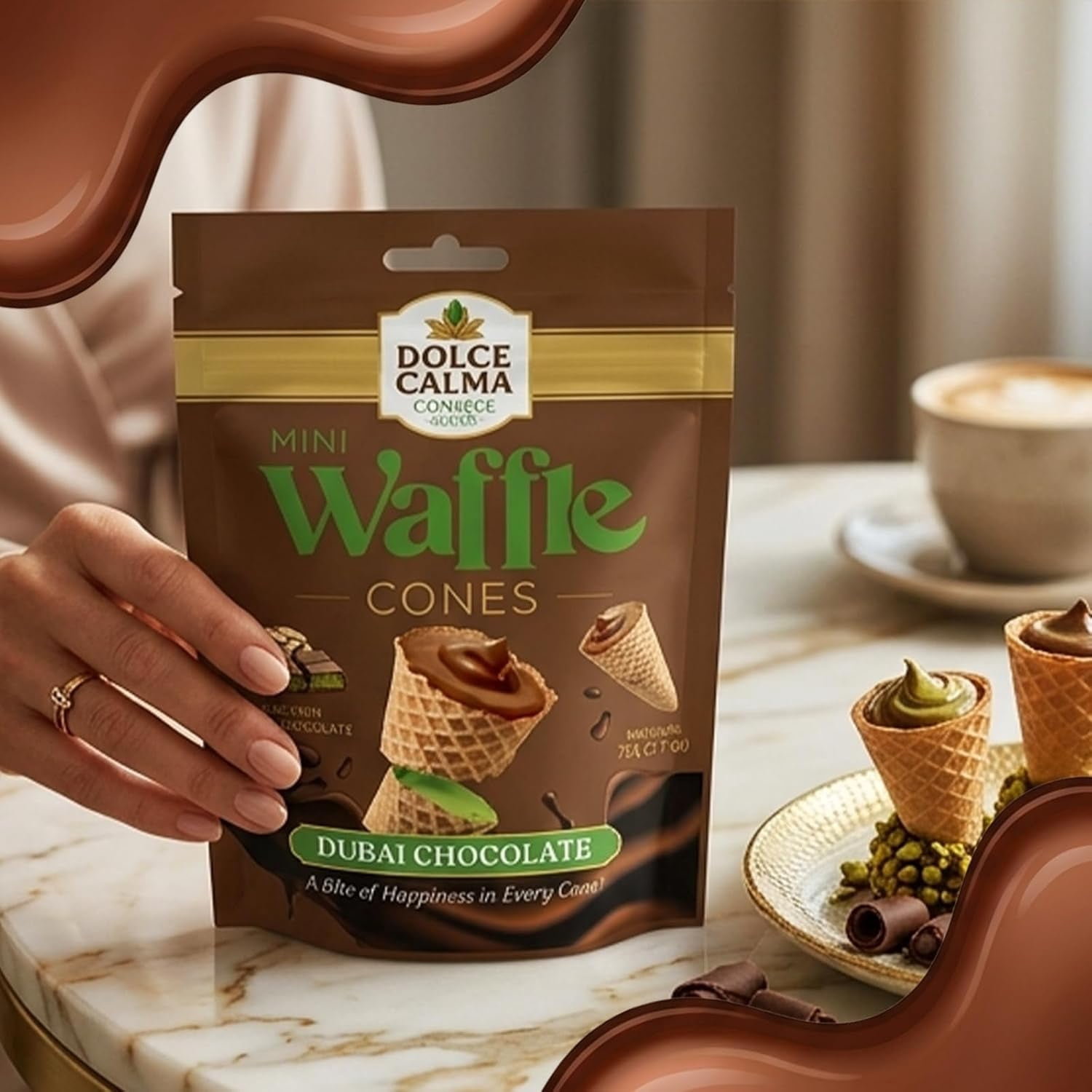 Dolce Calma Belgian Chocolate Mini Waffle Cones, Dubai Chocolate & Mint Variety Pack, 72 Cones Total (2 Boxes), Crispy Gourmet Snacks for Gifting & Parties, 12 Packs x 6 Cones Bundle Pack