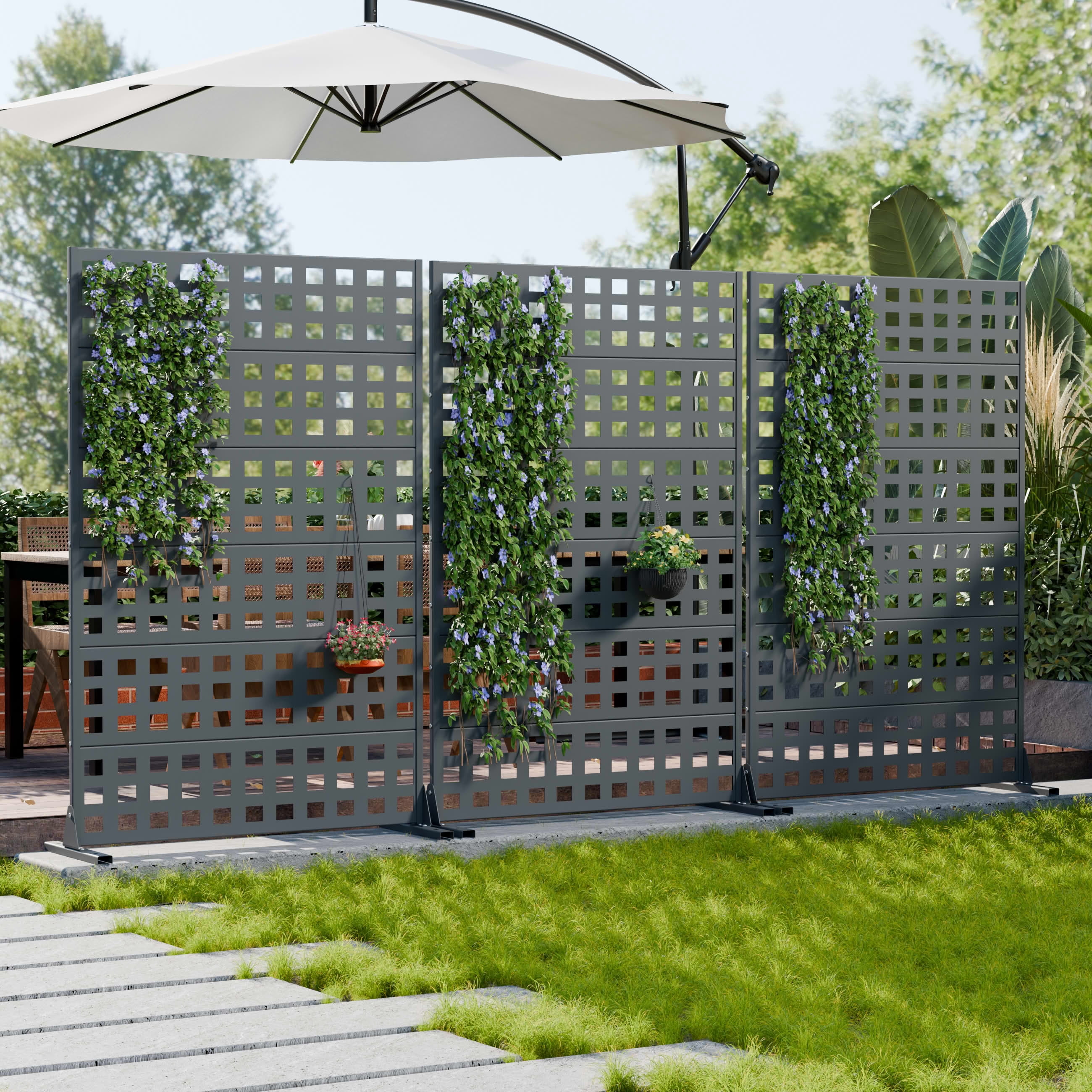 MAYEERTY Outdoor Metal Privacy Screen 6ft × 4ft Cambrian Rock Gray, 6-Panel Lattice Pattern, Weatherproof for Patio