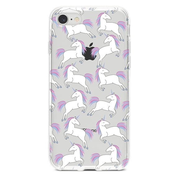 DistinctInk Clear Shockproof Hybrid Case for iPhone 7 8 SE (2020 Model) 4.7" Screen TPU Bumper Acrylic Back Tempered Glass Screen Protector - Repeating Pastel Unicorns