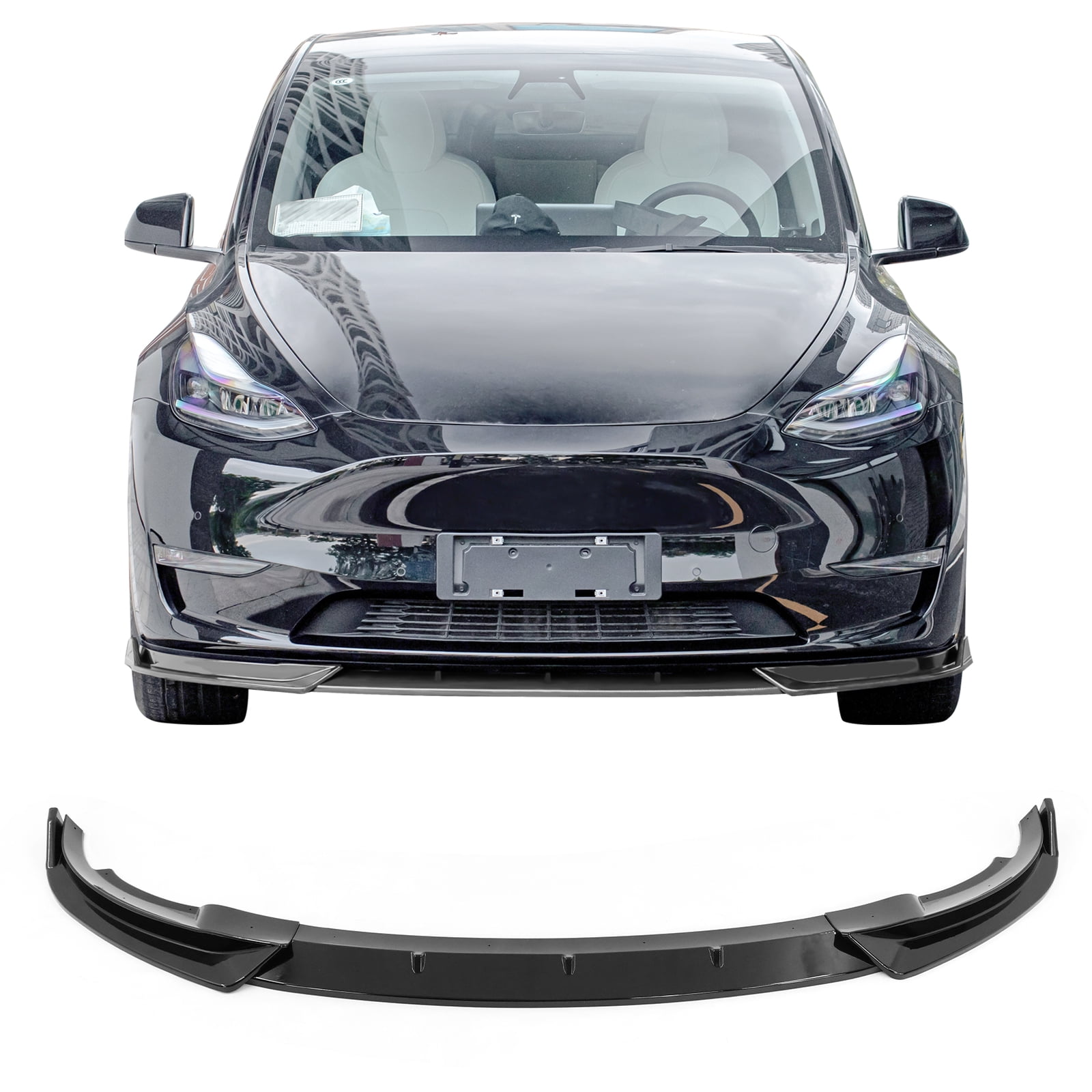 Ikon Motorsports 3PCS Front Bumper Lip Spoiler for 2020-2025 Tesla Y, IKON Style, PP Gloss Black