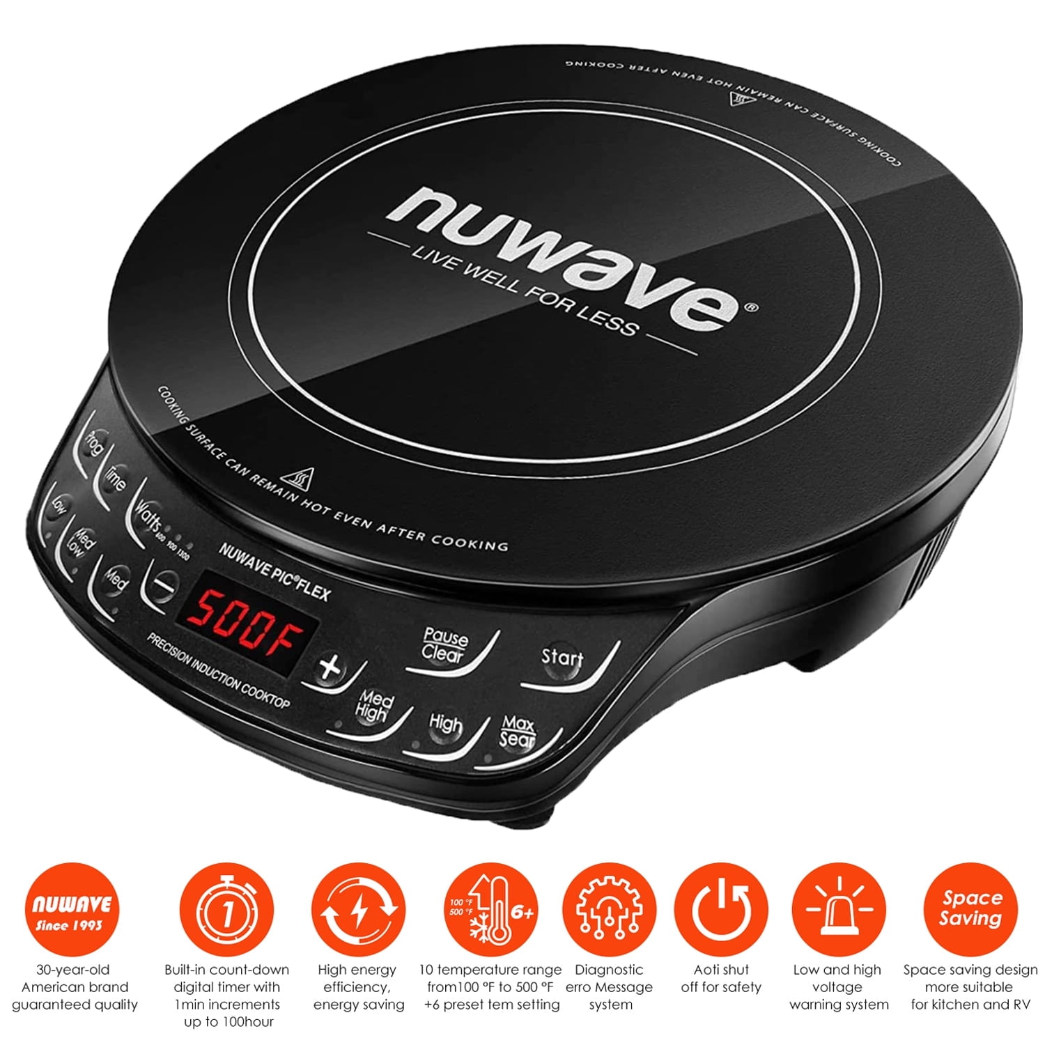 Nuwave Portable Induction Cooktop Flex, 10.25-inch Shatter-Proof Ceramic Glass and Large 6.5-inch Heating Coil, 3 Wattage Settings 600, 900 & 1300 Watts, Hot