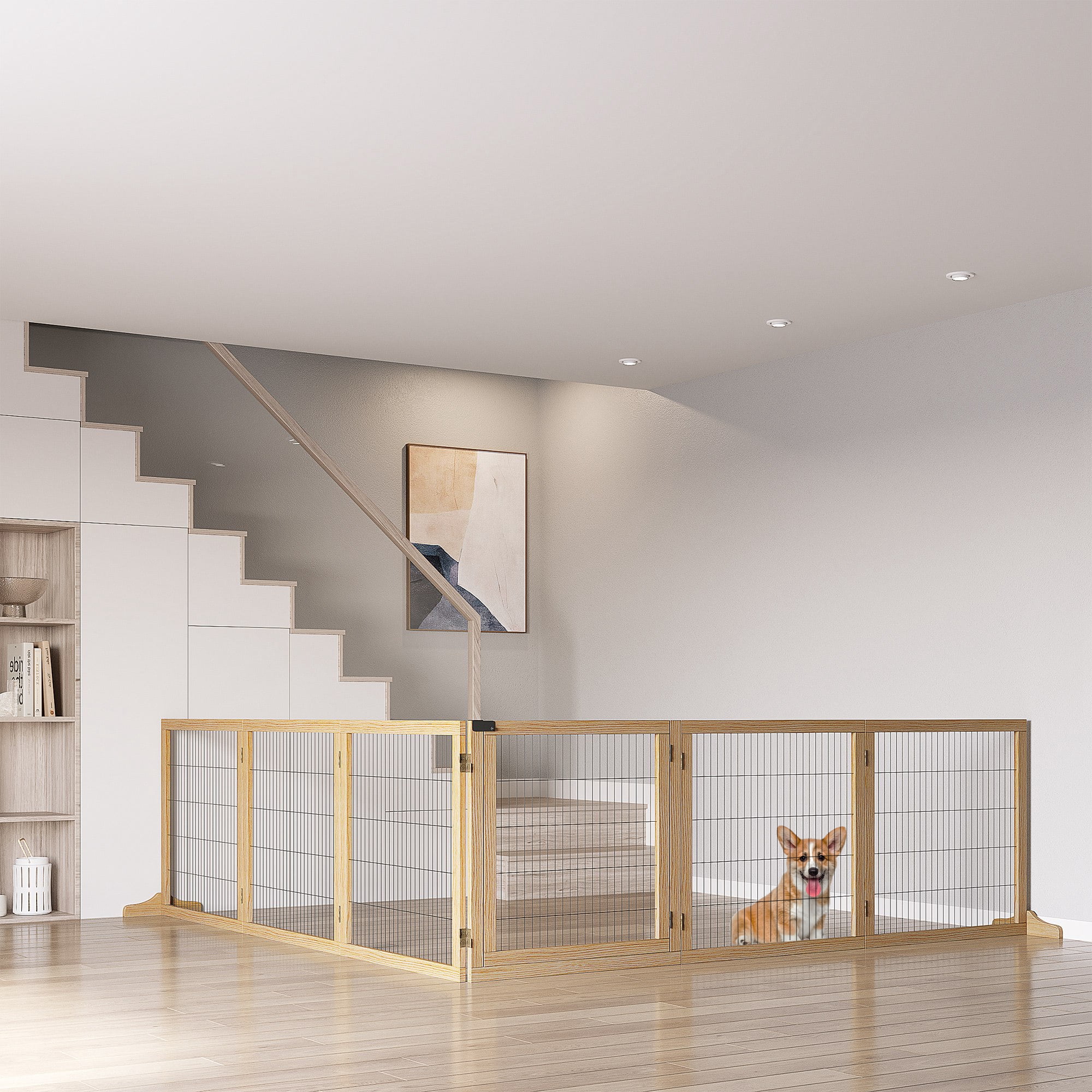 Extra Wide Freestanding Pet Gate, 170-inch Wooden Dog Fence for Large Areas, 6-Panel Foldable Barrier for Doorways and Stairs, No-Drill, Natural Wood​​