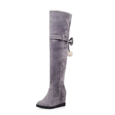 

DVKOVI Country Boots Tall Cowboy Boots Women Ladies Fashion Retro Solid Suede Removable Bow Decoration Elevated Knee Length Boots Grey 38