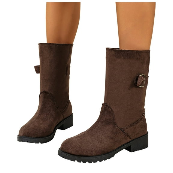 Wide Calf Fall Boots for Women Suede Pulll on Lug Sole Chunky Heel Casual Mid Calf Motorcycle Booties