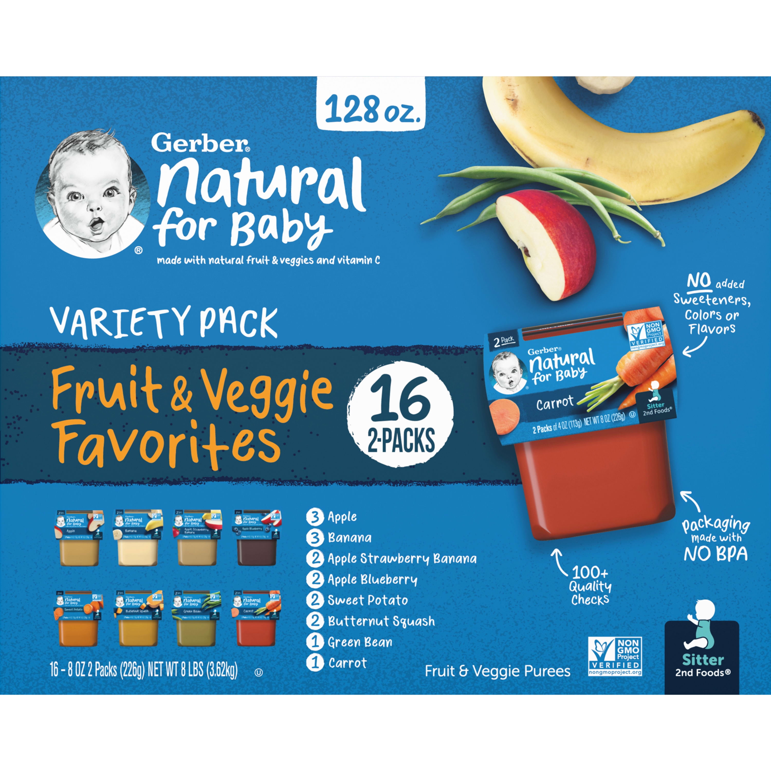 Gerber 2nd Foods Natural for Baby Fruit & Veggie Favorites, Variety Pack, 4 oz Tubs (32 Pack)
