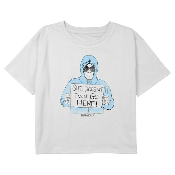 Girl's Mean Girls Dam Hoodie She Doesn't Even Go Here Distressed Graphic Cropped T-Shirt White Medium