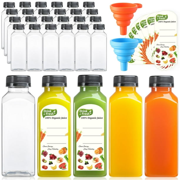 Botellas de jugo AOZITA de plástico reutilizables de 360 ml con tapas, paquete de 24