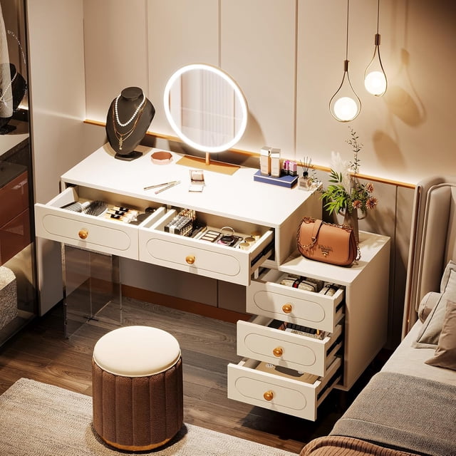 Tribesigns 5-Drawer White Vanity Desk with Acrylic Base and Legs, Modern Extendable Makeup Table for Bedroom, Multifunctional Dressing Table for Women and Girls