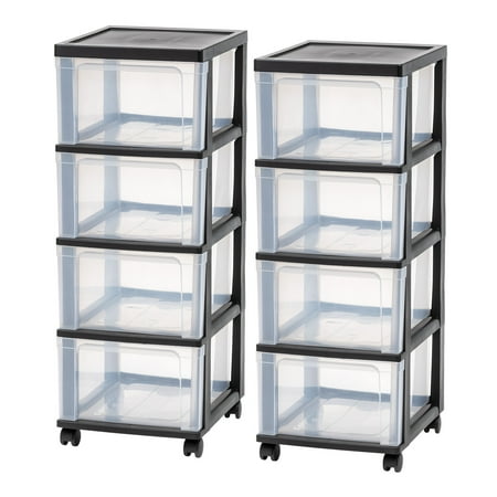 IRIS 4-Drawer Narrow Plastic Storage Drawer Cart, Black, Set of 2