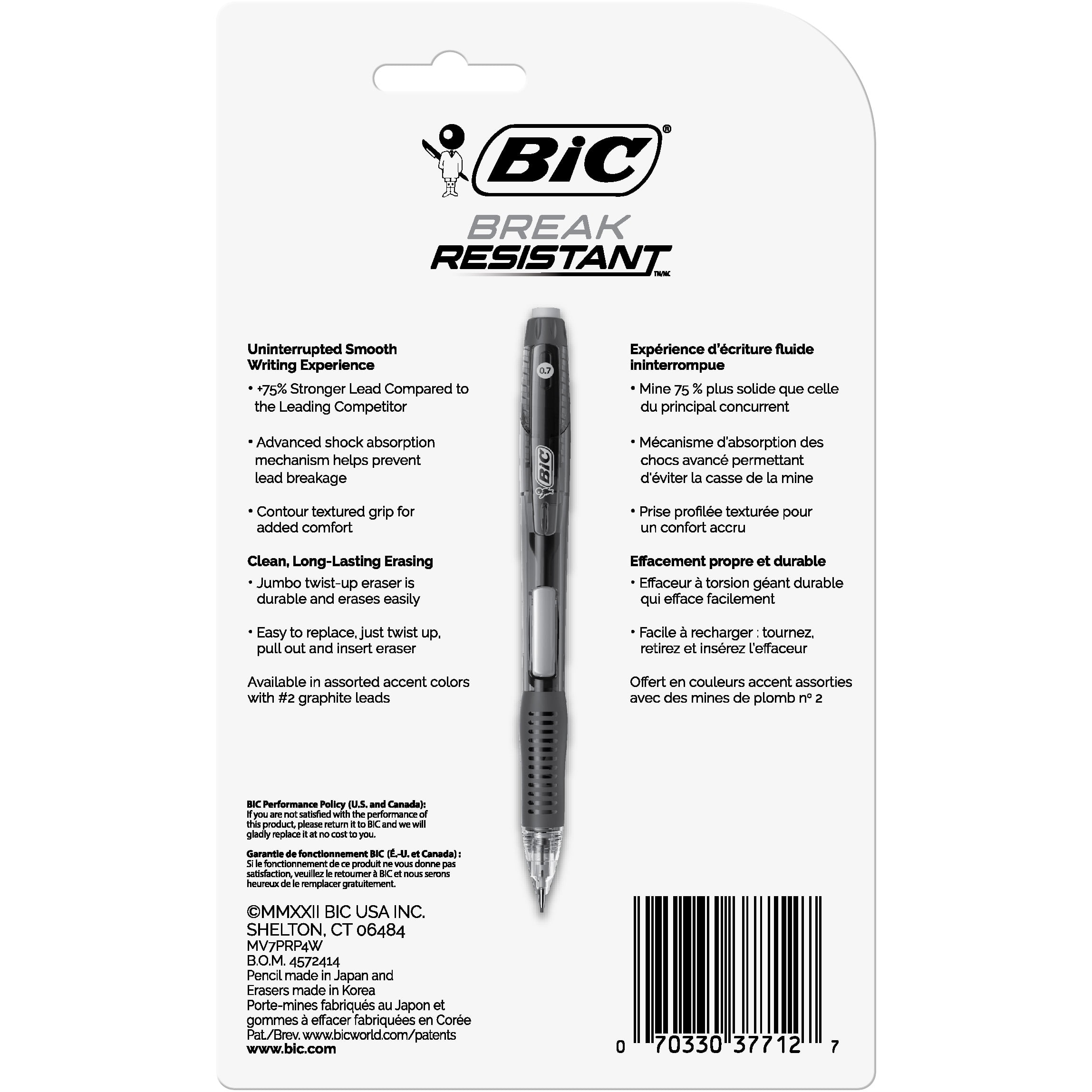 BIC Break-Resistant Mechanical Pencils with Erasers, No. 2 Lead (0.7mm),  Black, 4-Count 