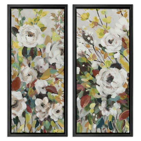 Stupell Industries Bright Cottage Gardens Plants & Flowers Painting Black Floater Framed Canvas Art Print Wall Art, 11 x 25, Set of 2