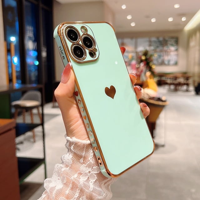 Funda de teléfono de lujo para iPhone 14, 11, 12, 13 Pro Max, X, XR, XS Max, 7, 8 Plus, corazón de amor galvanizado, patrón lateral lindo, funda de TPU suave