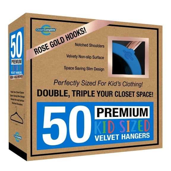Closet Complete Kids Size, Premium Heavyweight, Virtually-UNBREAKABLE, Velvet Hangers, Ultra-Thin, Space Saving, No-Slip, Best Size For Kids 4-15 years, 360 Spin, Rose Gold Hooks, Blue, Set of 50