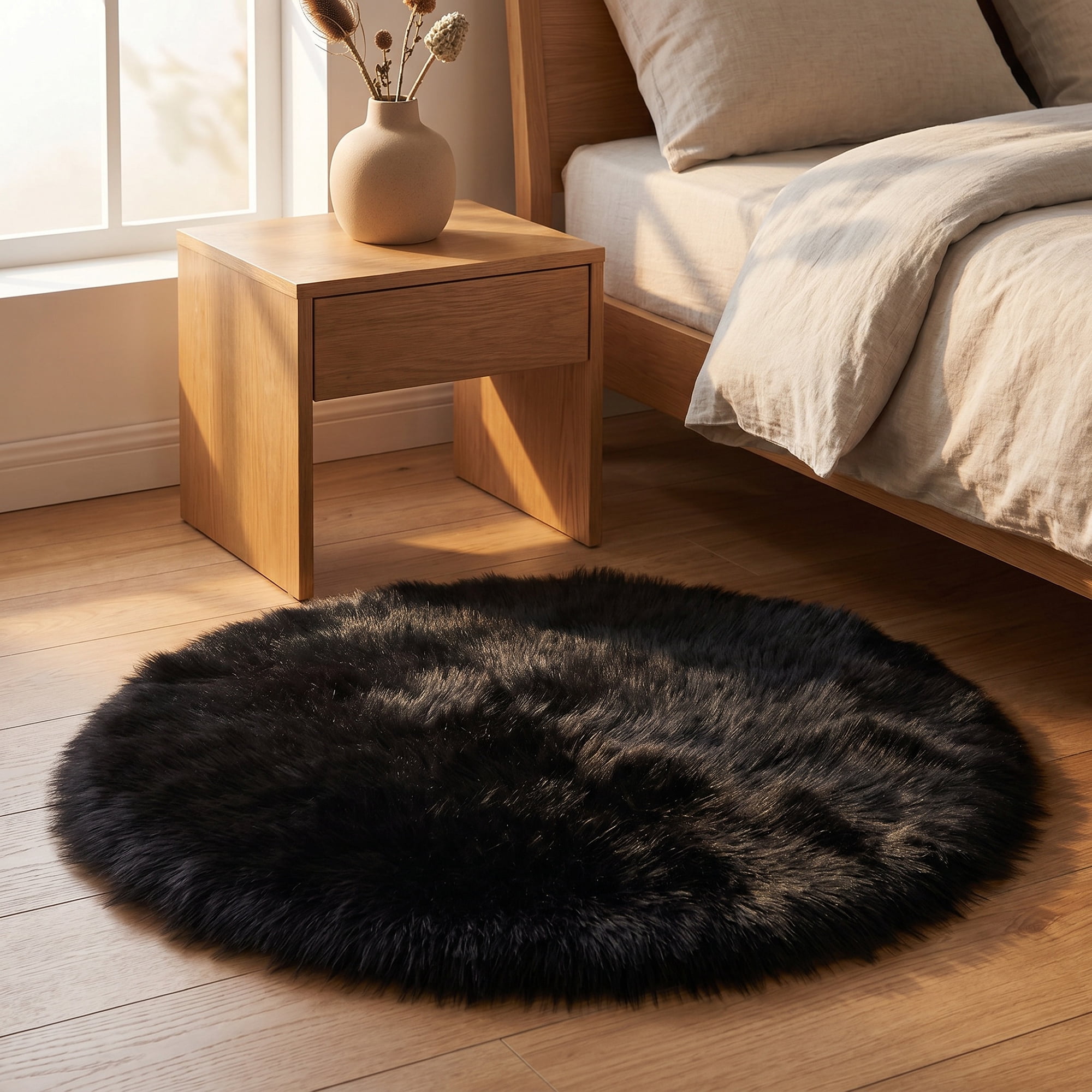 Unique Bargains Shaggy Round Area Rug Fluffy Non-Slip Fuzzy Carpet 28" x 28" Black