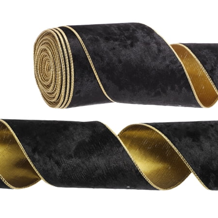 Uxcell 4" x 10 Yards Velvet Wired Gold Crushed Ribbon for Bow Decor Black