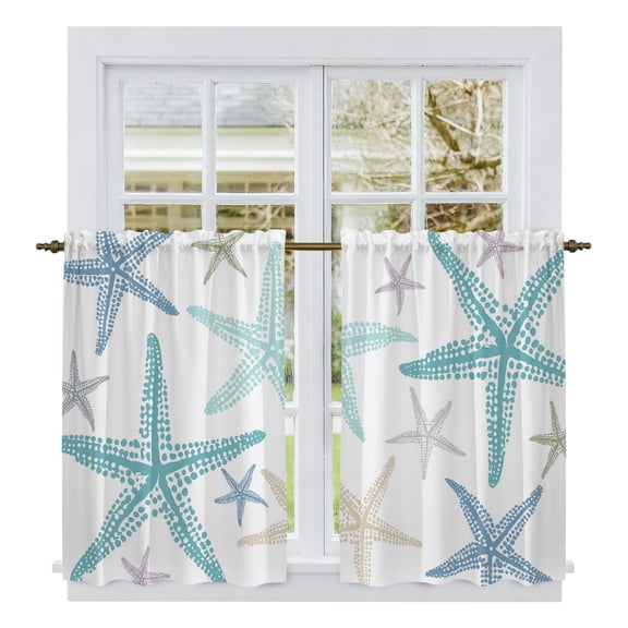 Coastal Starfish Kitchen Curtains 45 Inch Length, Green Blue Nautical Minimalist Beach Cartoon Tiers Curtains for Bathroom Bedroom, Light Filtering Small Window Treatment Drapes 2 Panels 42"Wx45"L