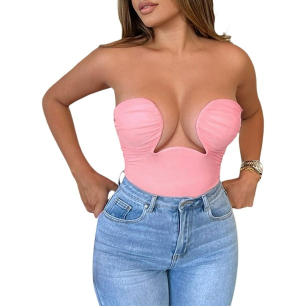 Txlixc Blusa cilíndrica para mujeres, blusa de cintura de color sólido sin tirantes y sin mangas Txlixc chic