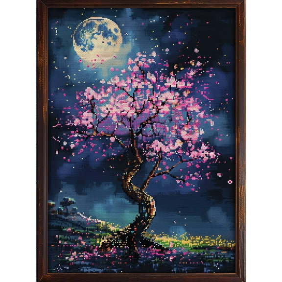 Cherry Blossom Tree under Moonlight DIY 11CT Stamped Cross Stitch Kits for Beginners Easy Needlepoint Embroidery Counted Cross Stitch Art Craft for Wall Decoration 12x16inch(3)