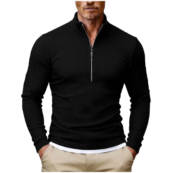 LEKWK Quarter Zip Pullover Men Slim Fit Mock Neck Long Sleeve Shirts Ribbed Texture Athletic Shirts Solid Fall Winter Casual Warm