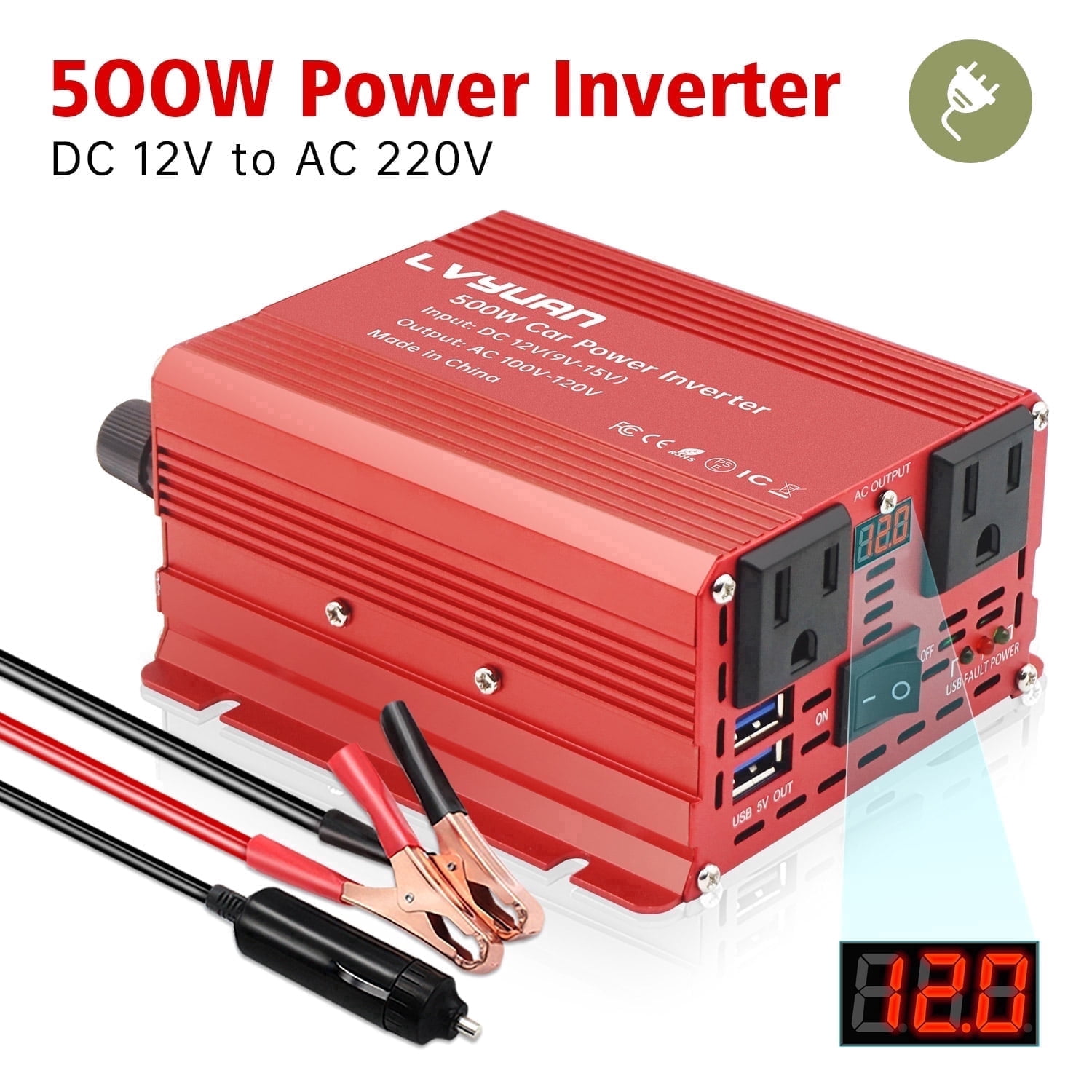 LVYUAN 500W Car Power Inverter, DC 12V to AC 110V Converter, 2 AC 