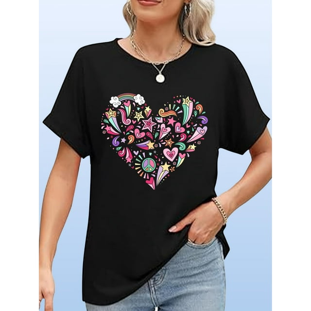 1pc Women'S Cotton Crew Neck T-Shirt with Colorburst Heart Design, Short Sleeve, All-Season Knit Fabric, Casual Pullover Style, Regular Length - Sports Cartoon Pattern Tee Tee For Adult, Men, Women,