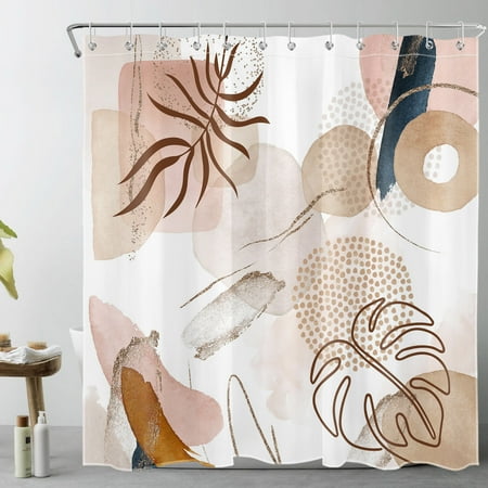 Abstract Pink Geometric Shower Curtain for Bathroom, Mid Century Minimalist Colorful Plant Leaf Fabric Shower Curtain with Hooks, Modern Neutral Terracotta Bathroom Curtains Shower Set, 69x70 inches