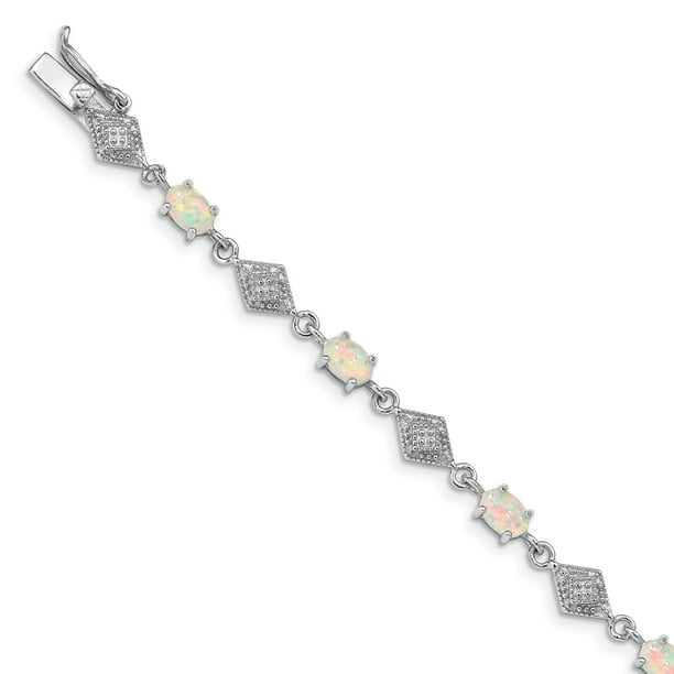 925 Sterling Silver Rhodié Blanc Créé Opale and Cubic Zirconia Bracelet