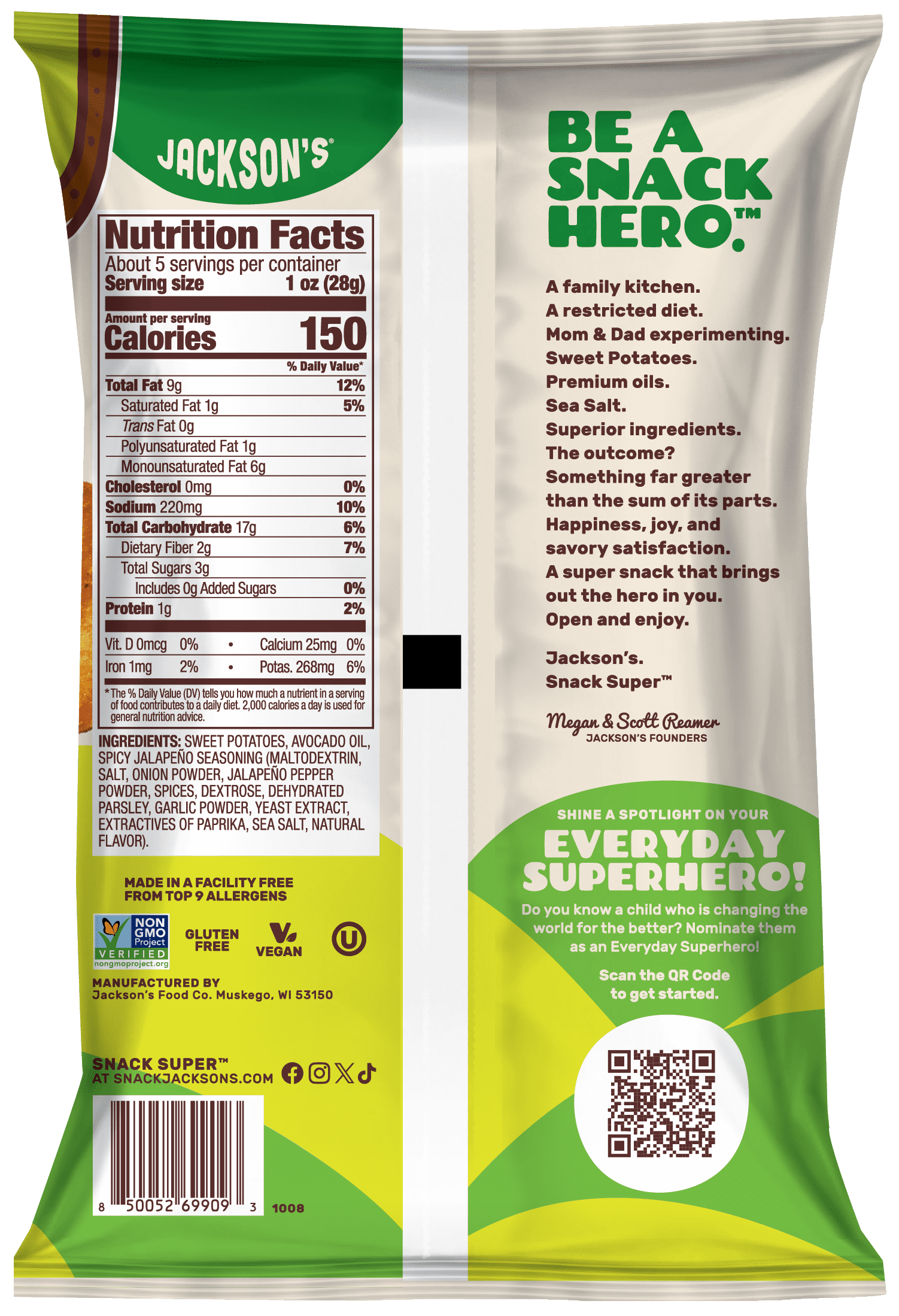 Jackson's Sweet Potato Spicy Jalapeno Chips, Avocado Oil, Free of Top 9 Allergens, Vegan, 5 oz