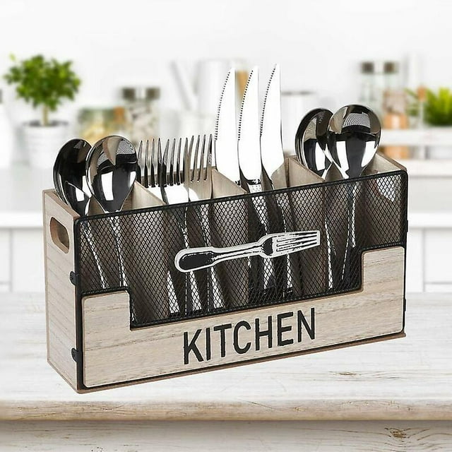 BR Porta cubiertos de madera con 4 compartimentos - Almacenamiento de cubiertos de mesa