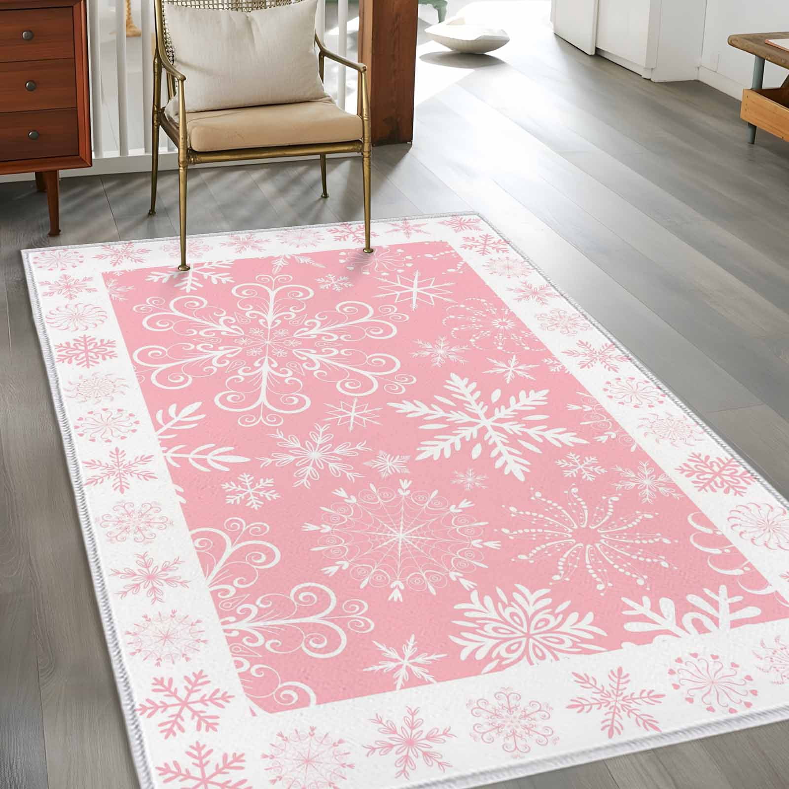 Snowflakes Christmas Area Rug 3x5 Washable Rug Non Slip Pink Xmas Winter Vintage Large Area Rug Indoor Floor Carpet for Entryway Bedroom Kitchen Living Room Home Office Dining Room Nursery