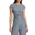 thumbnail image 2 of Women 2 Piece Sets Summer Striped Outfits Matching Short Sleeves Top Wide Leg Lounge Pants Travel Navy Blue M, 2 of 9
