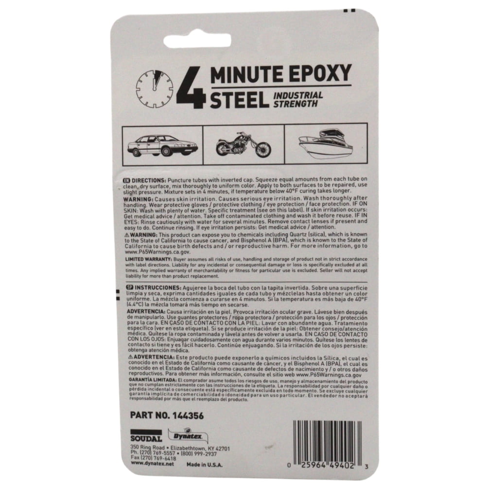 Dynatex 4 Minute Steel Epoxy Adhesive 2 oz - Fast Set, Steel-Like Cure, Bonds & Repairs Metal Wood Masonry, Drillable Sandable (10-Pack)