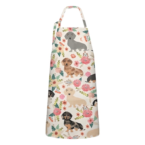 Dachshund and Flower Apron-Garden Aprons for Women with Pockets-Cotton Linen Waterproof Kitchen Cooking Gardening Aprons Adjustable for Kitchen,Cooking,BBQ and Salon 33x27 Inch
