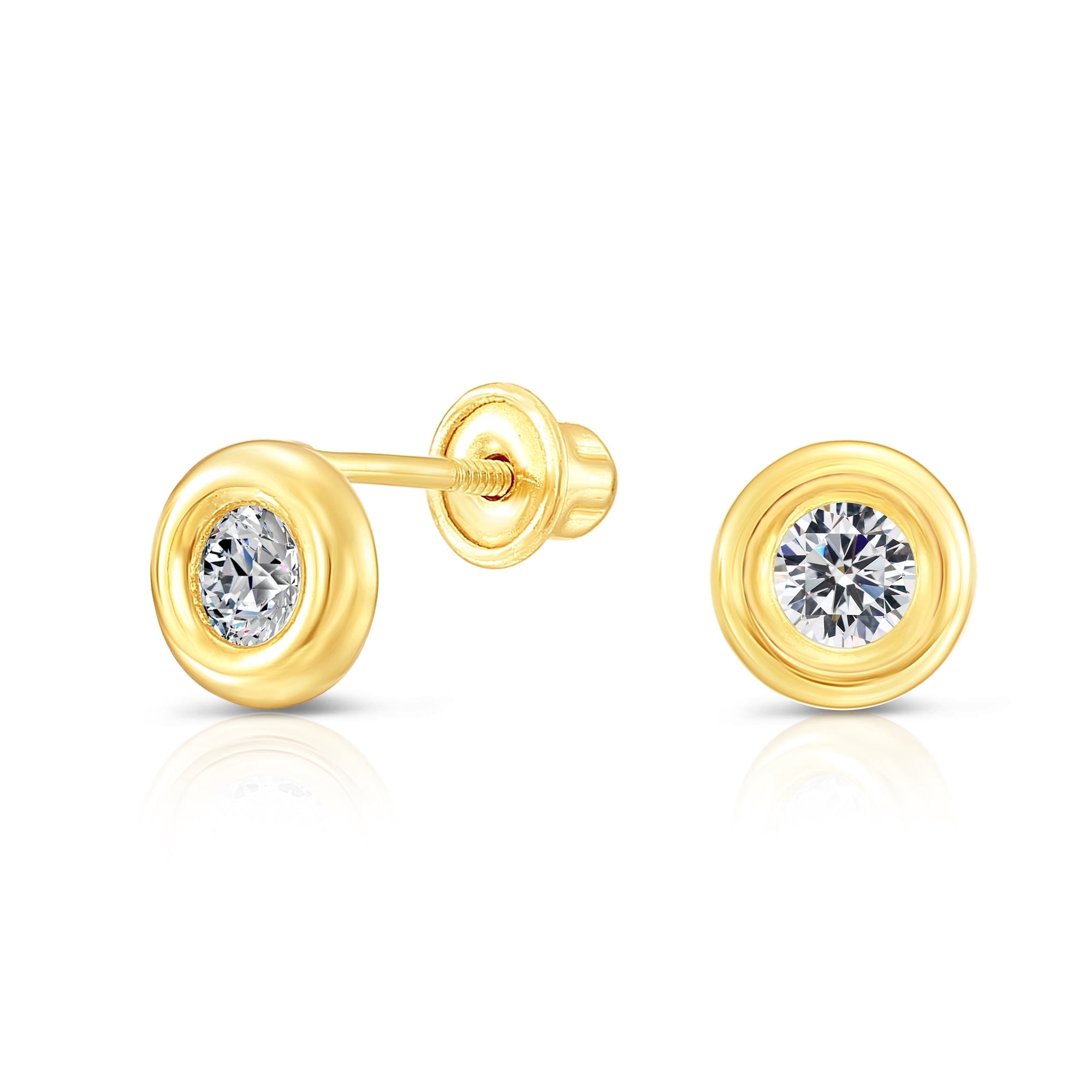 Tilo Jewelry 10K Yellow Gold Round Bezel-Set CZ Stud Post Earrings with Secure Screw-Backs | Everyday Dainty Small Earrings for Women & Unisex