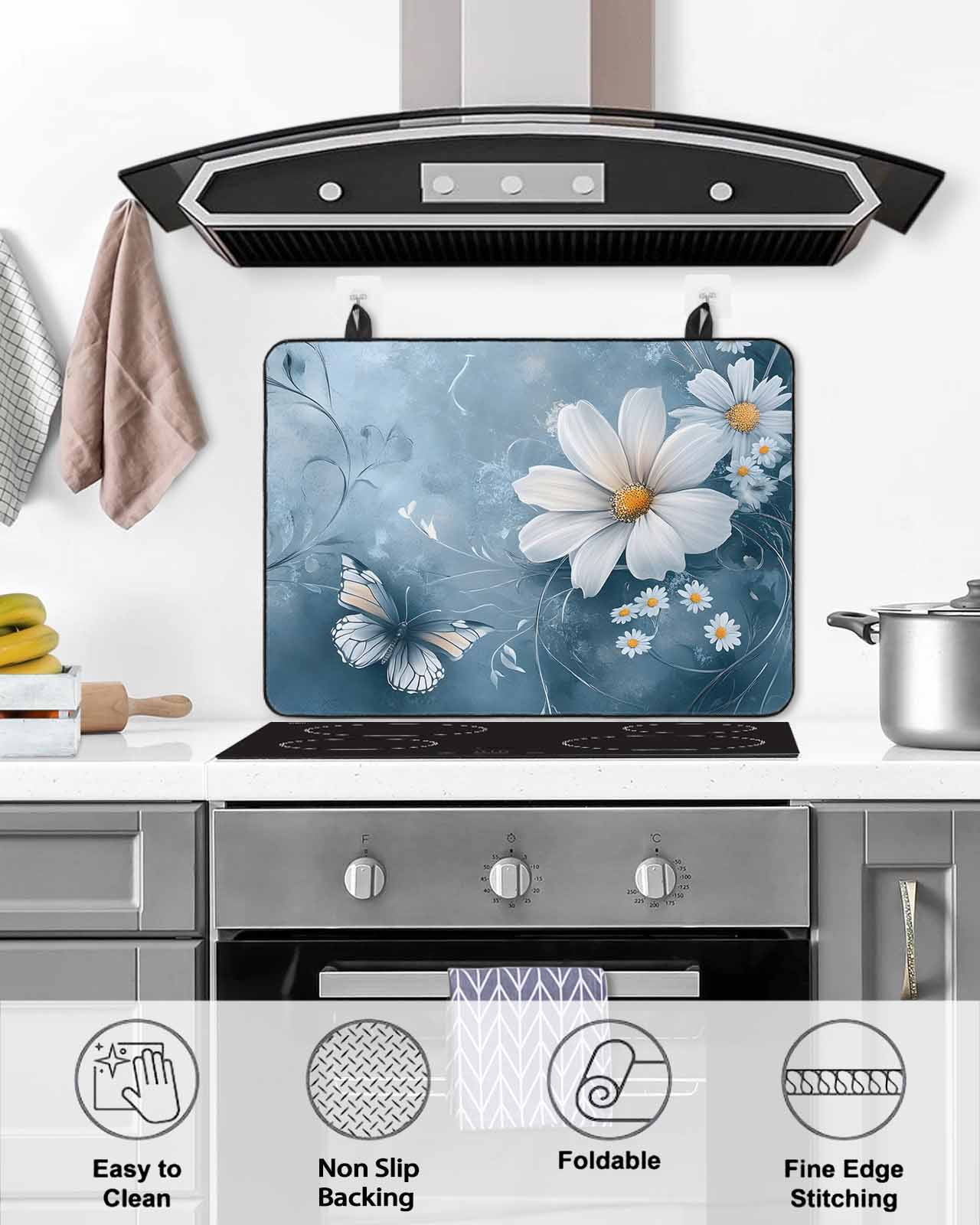 nqOlkjepod Large Induction Cooktop Protector Mat 24"x21", White Daisy Floral Stove Top Covers for Electric Stove, Farmhouse Pastoral Botanical Stove Burner Cover Mats, Glass Top Stove Cover