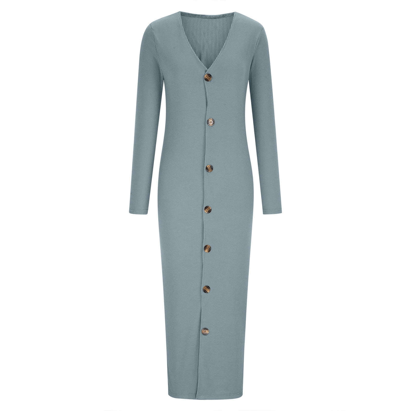 Blvb Women s Button Down Long Sleeve Cardigan Outerwear Sweater Dress Slim Fitted Solid Color V Neck Ribbed Fall Maxi Dress Blue