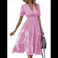 thumbnail image 2 of Vestido de Verano para Mujer, con Mangas Abullonadas y Volantes, Cuello en V, Cintura Alta, Informal, Holgado, A Rayas, Midi Rosa XL, 2 of 8