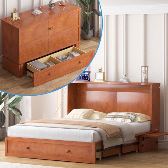 Puremind Queen Size Solid Wood Murphy Bed Frame, Cabinet Bed with Charging Port and Storage Drawer for Bedroom/Guest Room, Without Mattress, Brown