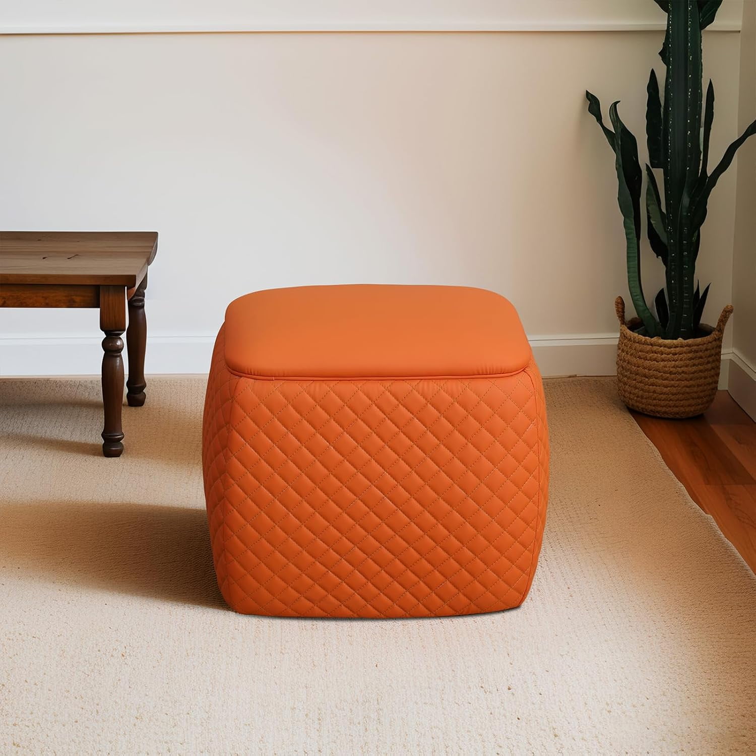 Leather Ottoman Foot Rest Bench Square Foot Stools&nbsp;Living Room Storage Ottoman&nbsp;for Bedroom and Dorm,Orange