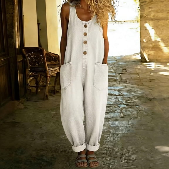 Women's Denim Jumpsuit, Wide Leg Pants With Strappy Detail & Pockets, One-Piece Jean Bodysuit For Edgy Style White XL