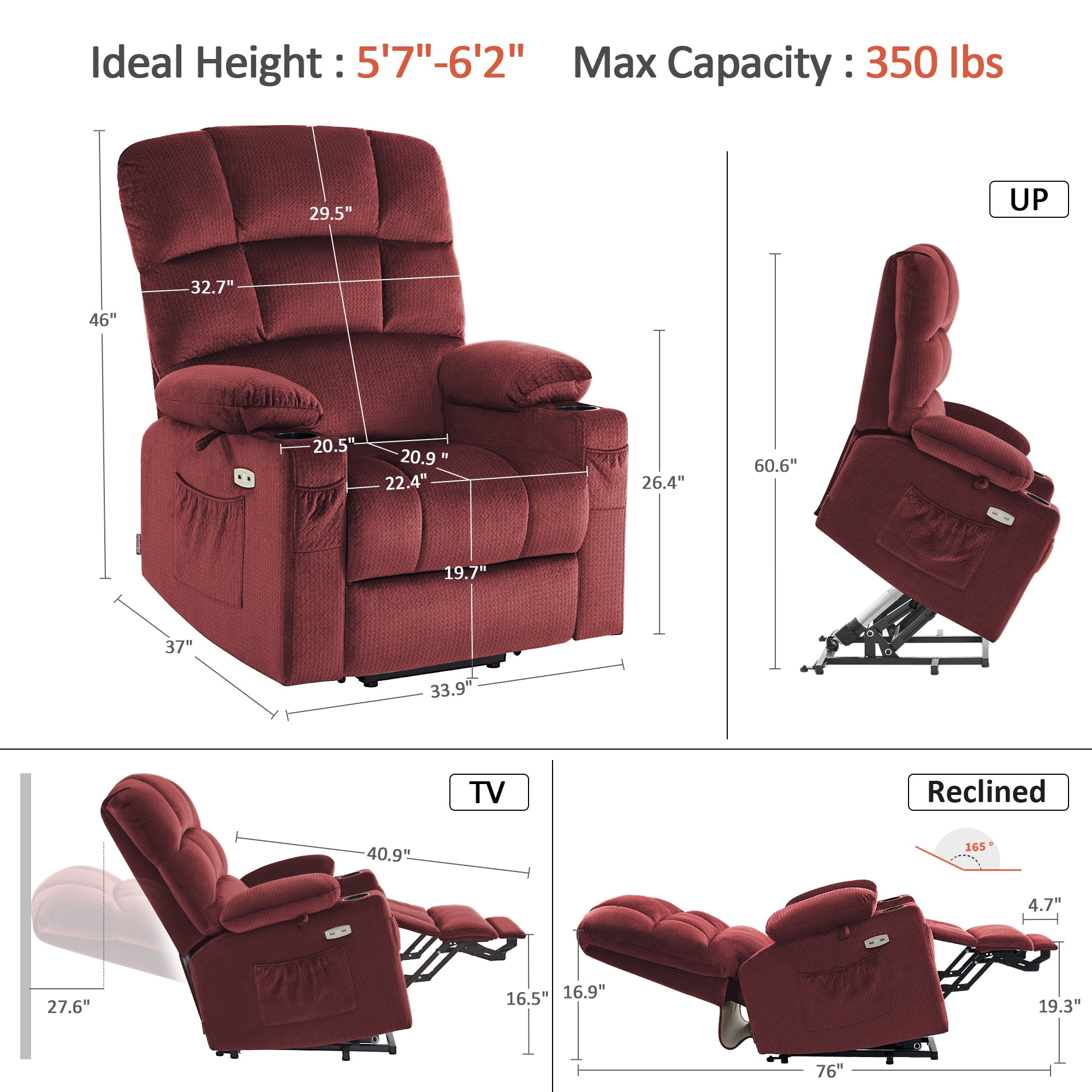 MCombo Dual Motor Large Power Lift Recliner Chair with Massage and Heat for Big and Tall Elderly People, Infinite Position, Fabric 7680 (Burgundy, Large)