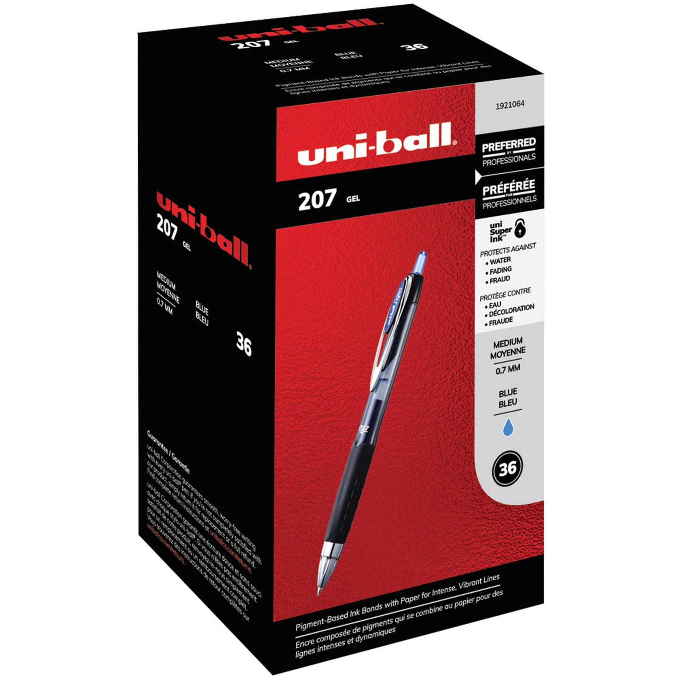 Uni-ball 207 Retractable Gel Pens, Medium Point (0.7 mm), Blue, 36 Count