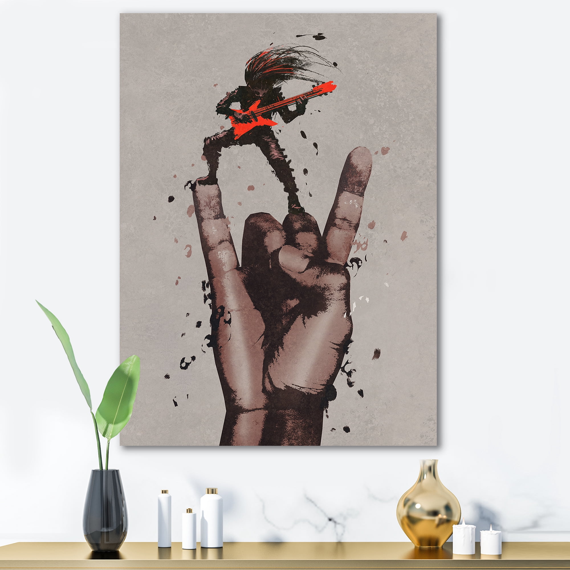 Designart ' The Guitarist On Rock and Roll Sign ' Modern Canvas Wall Art Print