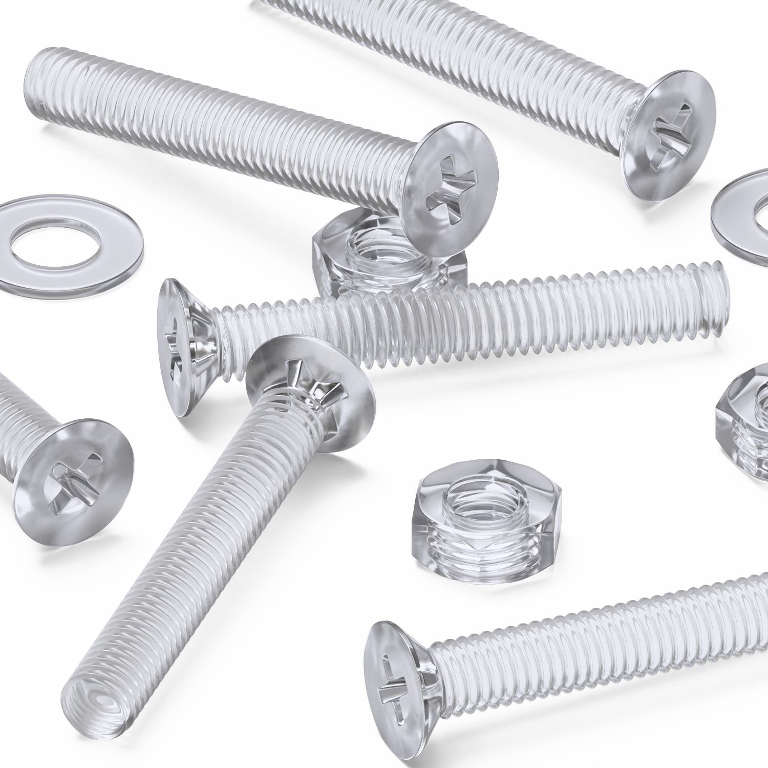 50 x Crosshead Countersunk Screws Nuts and bolts, Transparent Clear Plastic Acrylic, M3 x 20mm - Acrylic Plastic Screws, (3/32 x 25/32 in)