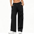 thumbnail image 2 of Hvogkswy Cargo Pants for Women Elastic Drawstring Straight Leg Loose Long Trousers Multi Pockets Solid Casual Athletic Work Pants S-3XL, 2 of 9