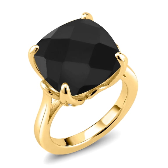 Gem Stone King 18K Yellow Gold Plated Silver Black Onyx and White Diamond Engagement Ring for Women (8.27 Cttw, 14MM Cushion Checkerboard, Size 9)