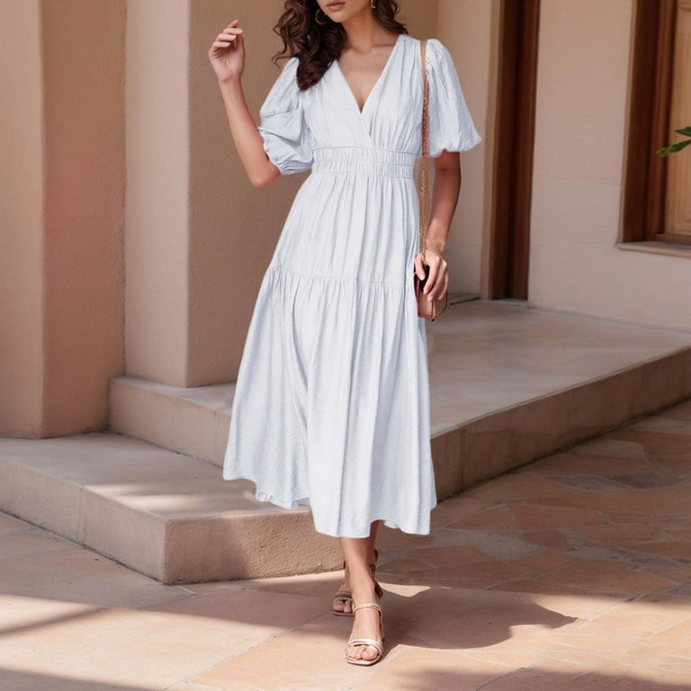 YAYUBA Women Dress Women's Casual Dress for V Neck With Flowy Hem for Home  Or Spring Summer Fall Wardrobe Staple Dress A Line Flowy Dresses