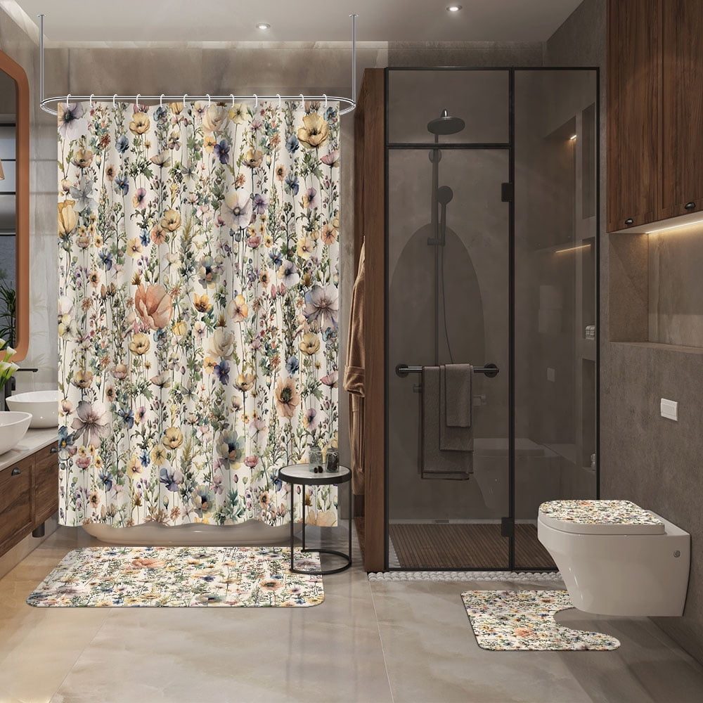 Farmhouse Floral Shower Curtain for Bathroom,Rustic Boho Wildflower and Beige Botanical Fabric 4 Pcs Shower Curtain with Hooks,Spring Country Theme Bathroom Curtains Shower
